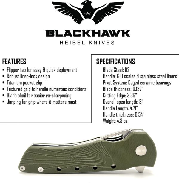 HBKBLKRG_add_03 Heibel Knives Blackhawk Linerlock 3.5" D2 OD Green Folding Knife