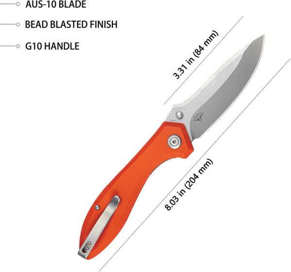 Kubey Ruckus Folding Knife 3.5" AUS-10A Linerlock Orange G10