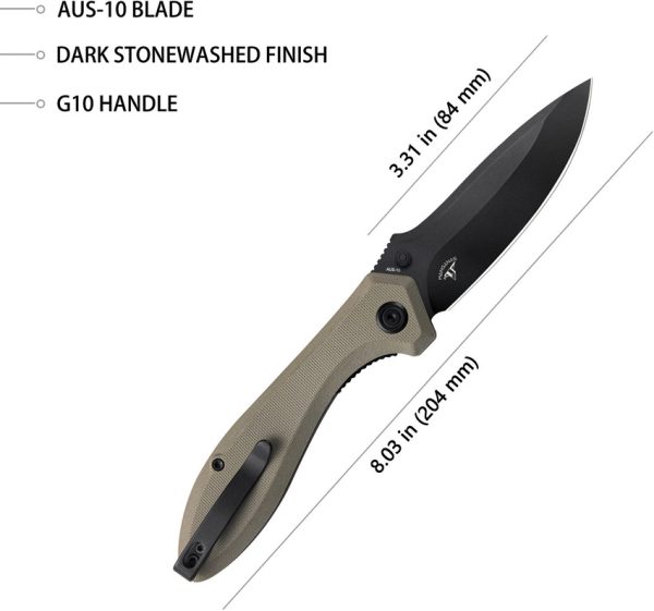 Kubey Ruckus Linerlock 3.5" BlackWash AUS-10A Tan G10 Folding Knife