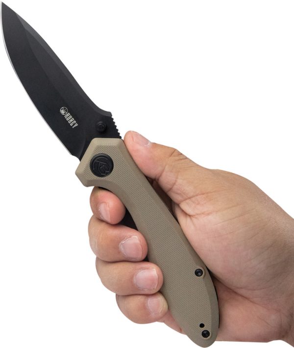 Kubey Ruckus Linerlock 3.5" BlackWash AUS-10A Tan G10 Folding Knife