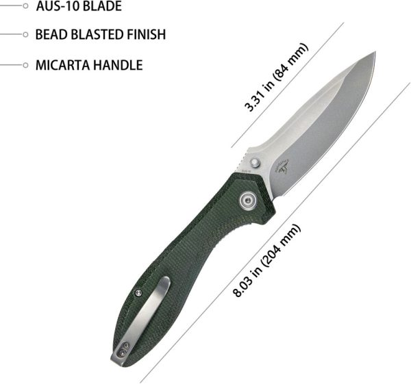 Kubey Ruckus Linerlock Folding Knife 3.5" AUS-10A Green Micarta