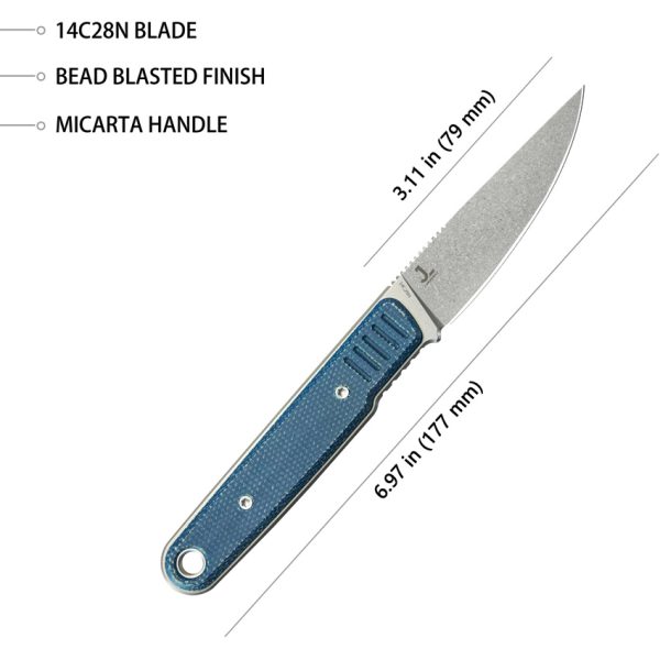 Kubey JL Fixed Blade Knife 3.13" 14C28N Blue Micarta w/ Sheath