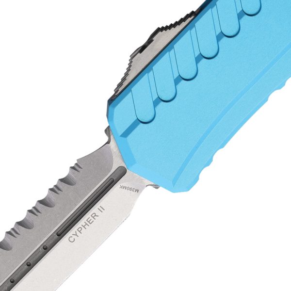 Microtech Cypher II Double Edge OTF Auto Folding Knife 3.5" M390MK Stonewash Serrated Turquoise