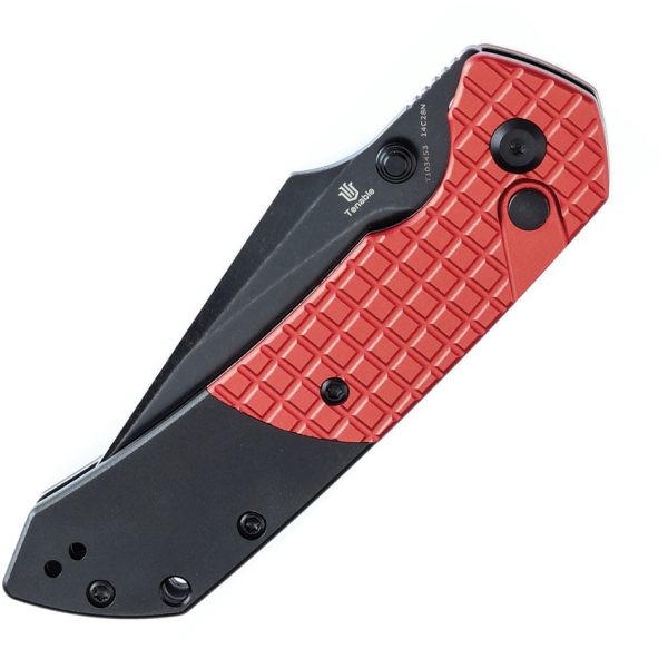 Tenable Knives Fenrir Folding Knife 3.5" BlackWash Blade, Button Lock, Red/Black Handle