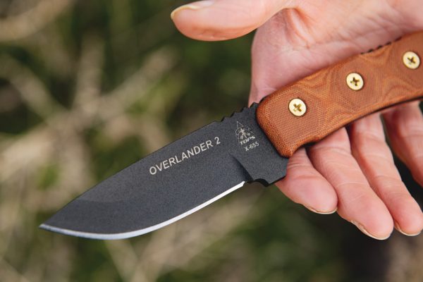 TOPS Overlander 2 Fixed Blade Knife 4" 1095 Black Coated Blade Tan Micarta w/ Sheath