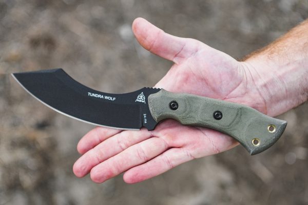 TOPS Tundra Wolf Fixed Blade Knife 5.75" 1095HC Black Blade Green Canvas Micarta