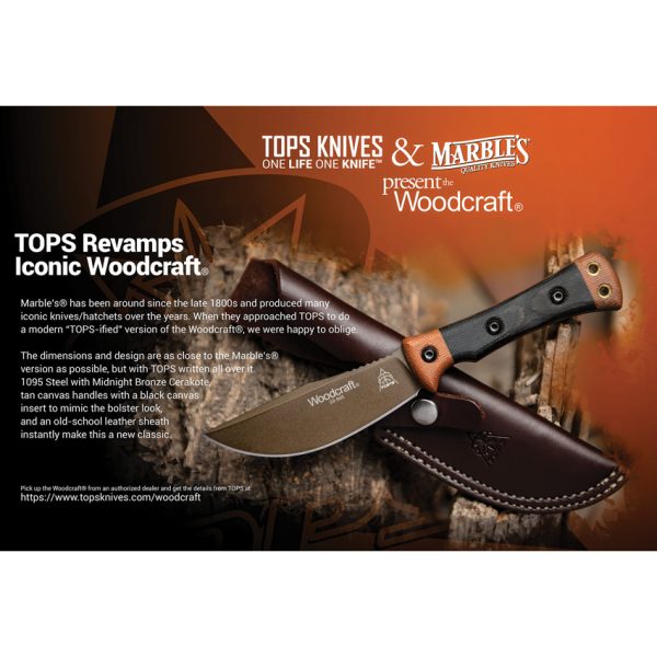 TOPS Woodcraft Fixed Blade Knife 4.38" 1095HC Steel Micarta