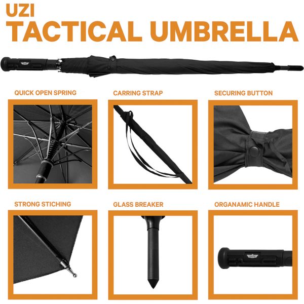 Uzi Tactical Umbrella 44" Windproof with Glass Breaker Tip