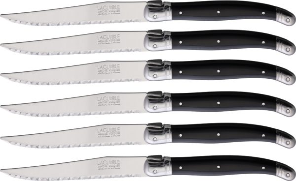 Andre Verdier Laguiole Steak Knife Set Black 4.5" Serrated 6-Piece w/ Block