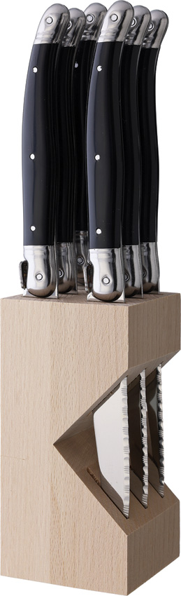 Andre Verdier Laguiole Steak Knife Set Black 4.5" Serrated 6-Piece w/ Block