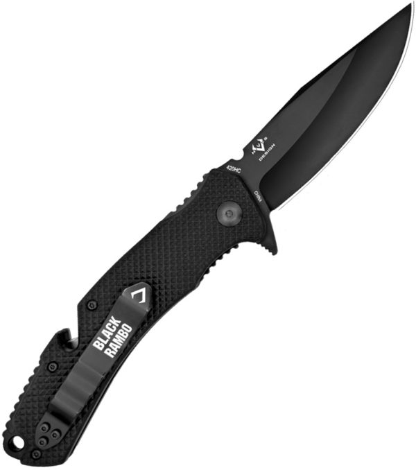 V NIVES Black Rambo Utility Pro Folding Knife, 3.75" Black PVD Clip Point Blade, Linerlock