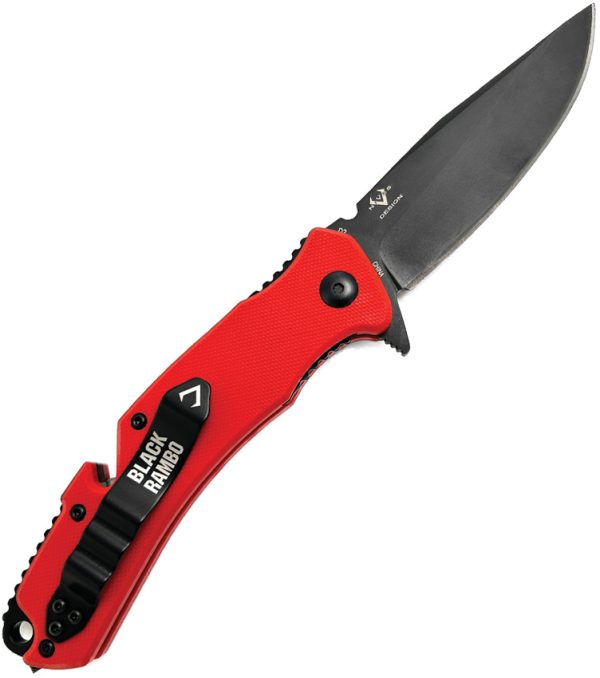 V NIVES Black Rambo Utility Pro Folding Knife 3.75" D2 Red G10