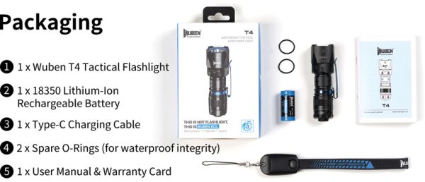 WUBEN T4 Tactical Flashlight 850 Lumens Rechargeable Black