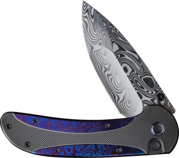 We Knife Co Ltd Zizzit Button Lock Folding Knife Damascus Steel Black Titanium