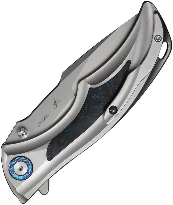 We Knife Co Ltd Tighe Down Button Lock Folding Knife 4" Bohler M390 Gray/Blue Carbon Fiber
