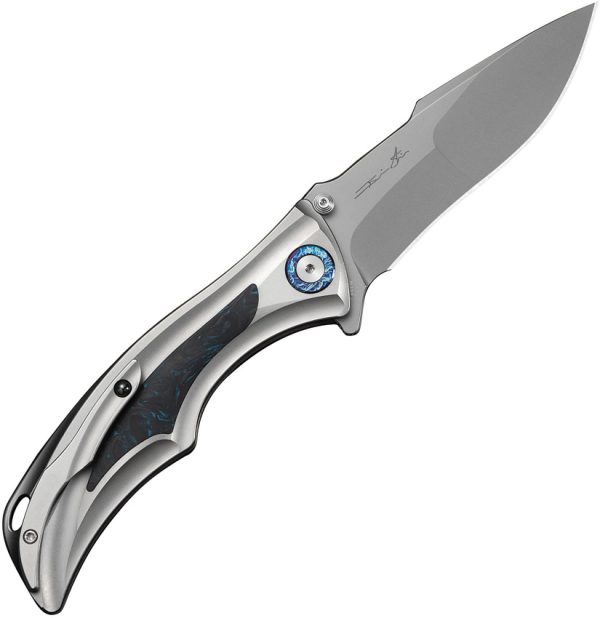 We Knife Co Ltd Tighe Down Button Lock Folding Knife 4" Bohler M390 Gray/Blue Carbon Fiber