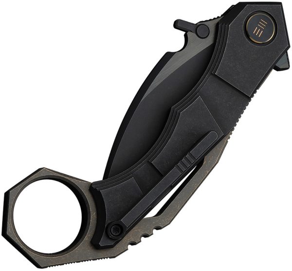We Knife Co Ltd Tayra Framelock Folding Knife, 2.25" Bohler M390 Hawkbill, Black Titanium