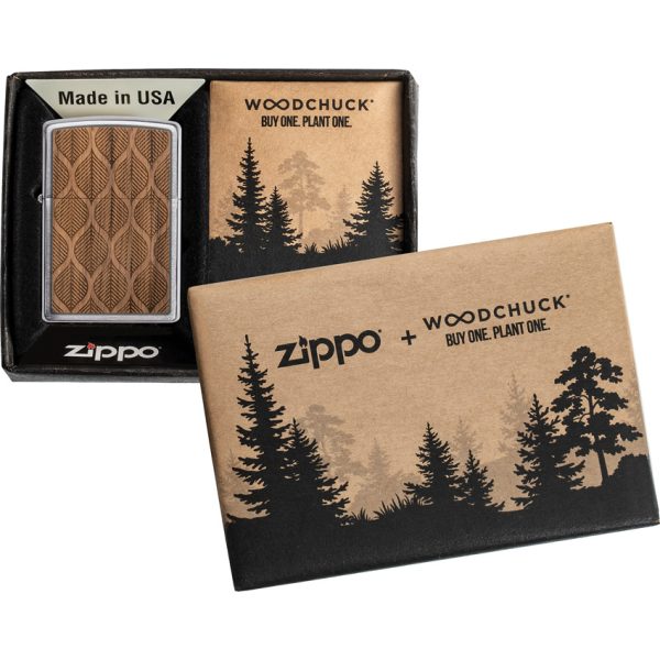 Woodchuck Packaging Zippo Woodchuck Walnut Leaves Lighter with Brushed Chrome