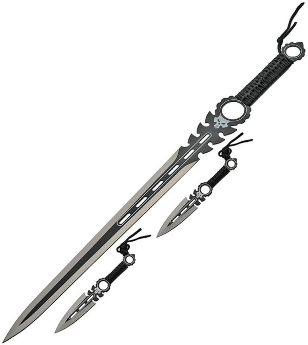 China Made Monster Sword Set Black - 26" Sword & Two Throwing Knives w/ Sheath, Boxed