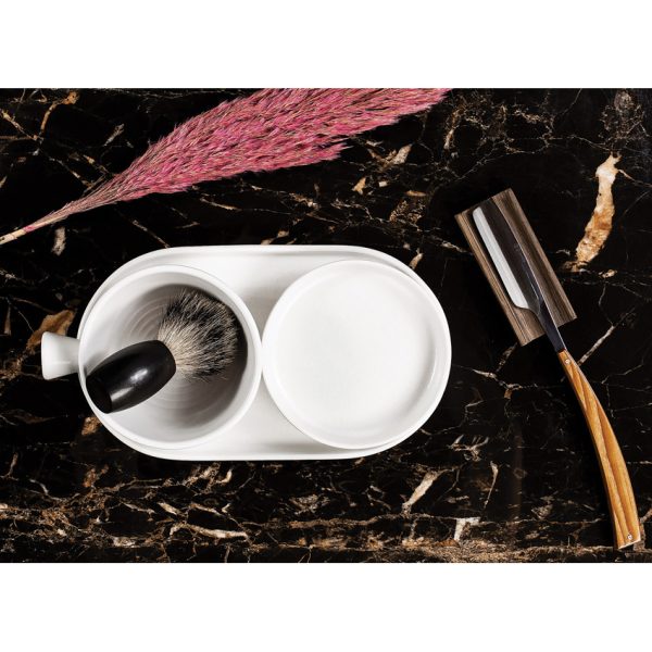 Dovo Shave Bowl Set Daylight White Ceramic with Wooden Shelf