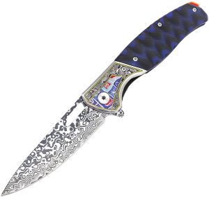 ElitEdge Linerlock Folding Knife 3.75" Damascus 8Cr13MoV Black Blue Micarta
